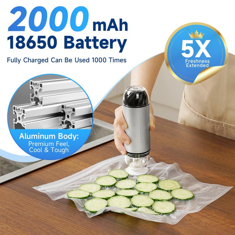 Quicolo Compact Vacuum Sealer with 60Kpa Pro Suction (Incl. 30 Reusable Bags), Ice-Cooling Contact Portable Food Saver for Meal Prep, Camping & Kitchen Clutter