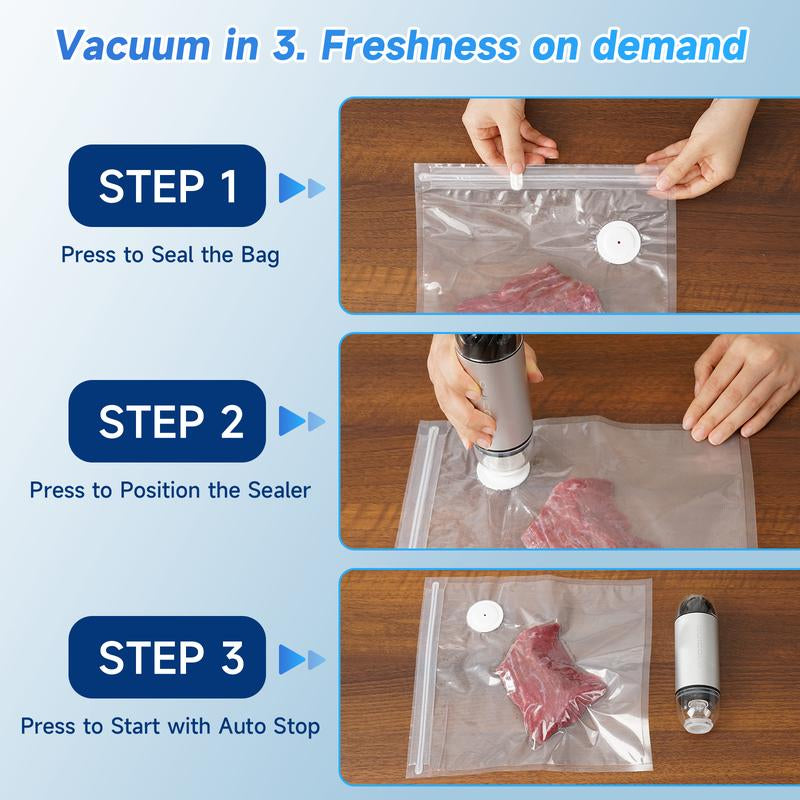 Quicolo Compact Vacuum Sealer with 60Kpa Pro Suction (Incl. 30 Reusable Bags), Ice-Cooling Contact Portable Food Saver for Meal Prep, Camping & Kitchen Clutter