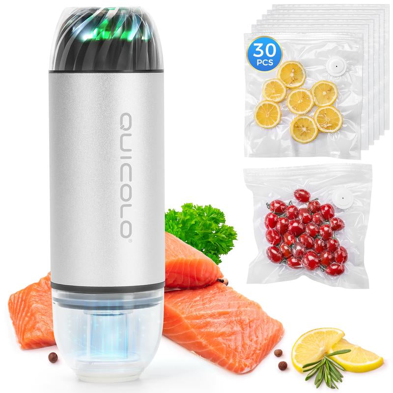 Quicolo Compact Vacuum Sealer with 60Kpa Pro Suction (Incl. 30 Reusable Bags), Ice-Cooling Contact Portable Food Saver for Meal Prep, Camping & Kitchen Clutter