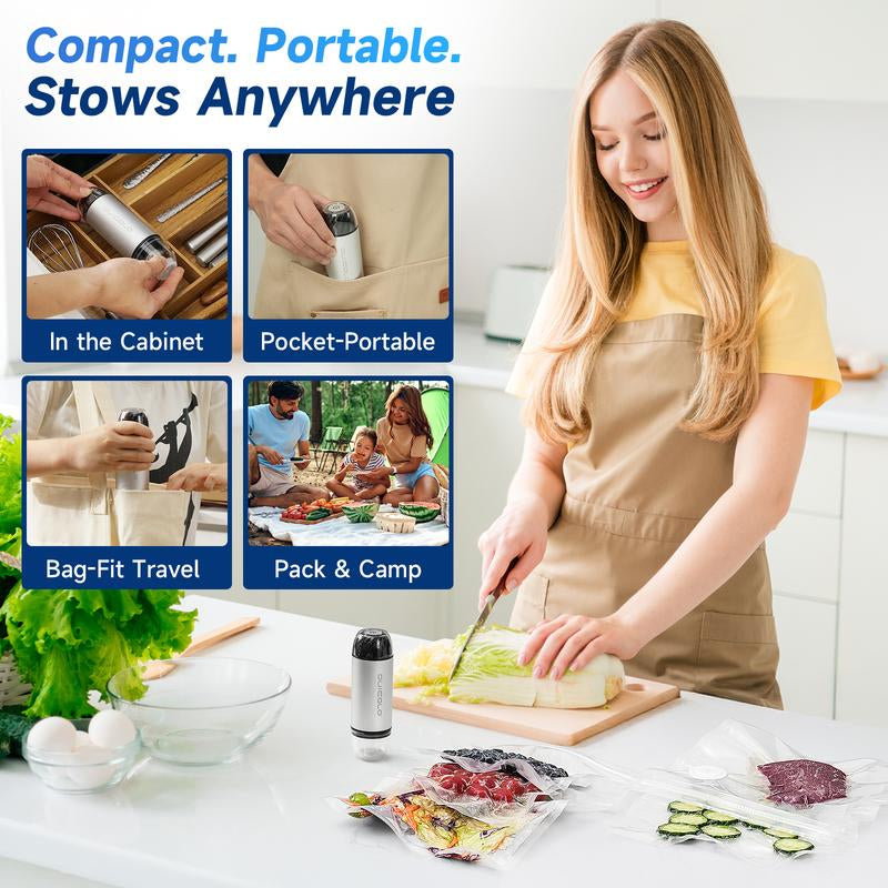 Quicolo Compact Vacuum Sealer with 60Kpa Pro Suction (Incl. 30 Reusable Bags), Ice-Cooling Contact Portable Food Saver for Meal Prep, Camping & Kitchen Clutter