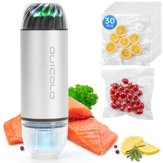 Quicolo Compact Vacuum Sealer with 60Kpa Pro Suction (Incl. 30 Reusable Bags), Ice-Cooling Contact Portable Food Saver for Meal Prep, Camping & Kitchen Clutter